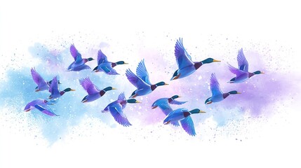 Obraz premium Migration in motion ducks take flight against a watercolor sky symbolizing hope and freedom with