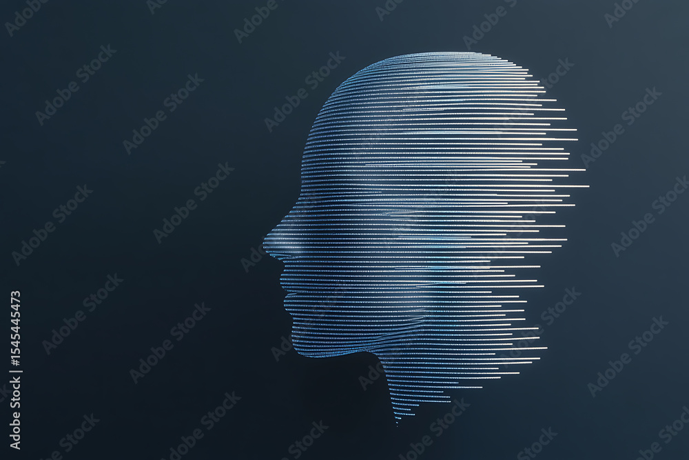 Poster digital head: conceptual art of a human head composed of linear data streams, symbolizing artificial