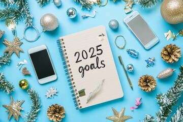 For 2025 New Year goals, the background includes a blank notebook, pen, smartphone, and a plant, viewed from the top. There is ample space for text, and the setup can also serve as a Christmas to-do