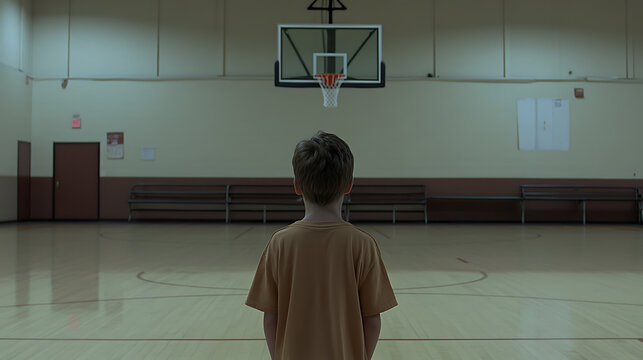 Boy at the gym, staring at the basket. The light is very cold and desaturated. The court is empty. It might be early in the morning or the afternoon.