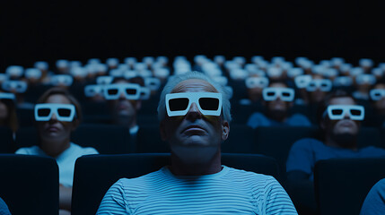 Audience immerses in 3D movie magic, eyes wide with awe and wonder. A shared cinematic experience in a darkened theater. Unforgettable visual journey awaits.