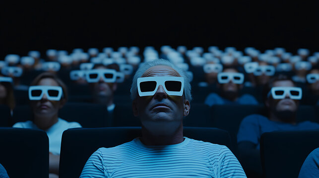 Audience immerses in 3D movie magic, eyes wide with awe and wonder. A shared cinematic experience in a darkened theater. Unforgettable visual journey awaits. - Powered by Adobe