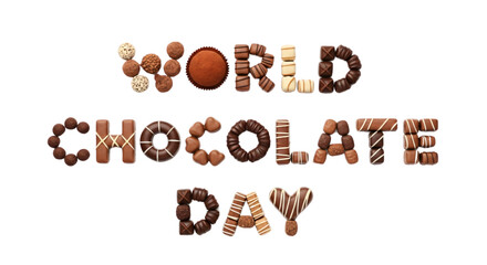 World Chocolate Day spelled with decadent chocolate pieces, ideal for festive holiday promotions, Valentine's Day, confectionery advertising, sweet treat designs, and food blogs,