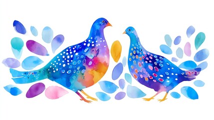 Two vibrant watercolor birds sharing a playful moment surrounded by colorful abstract shapes on