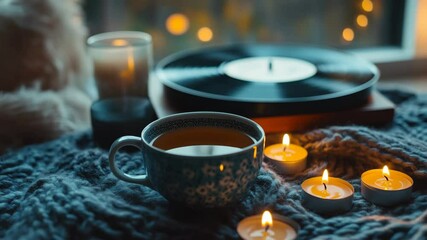 A cozy scene with a cup of tea, candles, and a vinyl record player. Soft lighting creates a warm atmosphere, perfect for relaxation. - Powered by Adobe