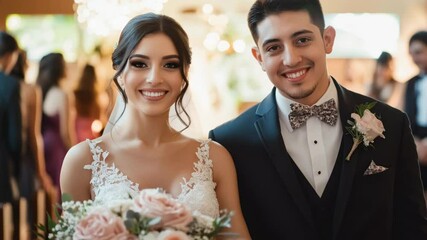 A young Hispanic couple smiles at each other during their wedding ceremony. The bride holds a bouquet of pink flowers, wearing a lace gown. The groom is in a black tuxedo.