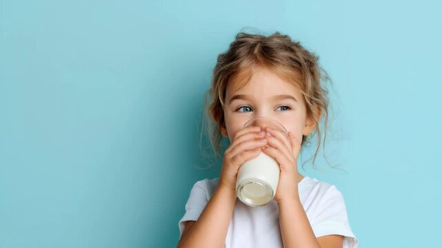Adorable little girl drinking milk from a glass on blue background