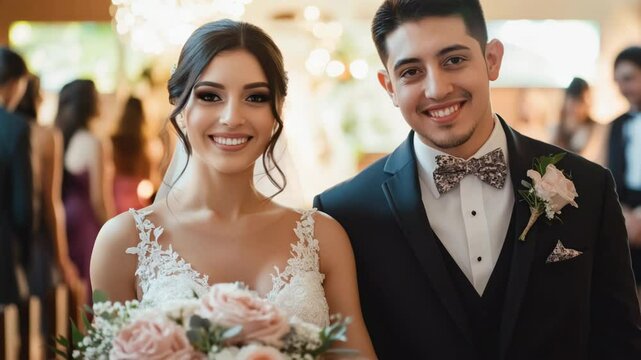A young Hispanic couple smiles at each other during their wedding ceremony. The bride holds a bouquet of pink flowers, wearing a lace gown. The groom is in a black tuxedo. - Powered by Adobe
