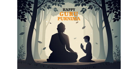 Devotional Guru Purnima design with student greeting a spiritual master in forest, bathed in soft light and foliage atmosphere
