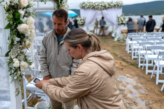 A couple collaborates in a scenic outdoor venue, meticulously preparing for a ceremony while facing occasional rain, highlighting teamwork and adaptability during events.
