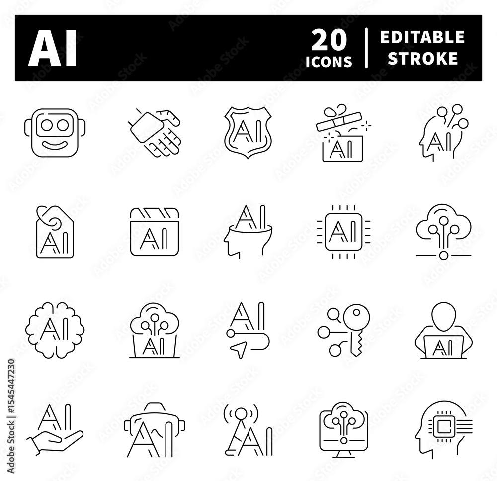 Poster ai icon set. artificial intelligence thin line icons collection. artificial, intelligence, computing