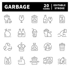 Garbage thin line icons collection. Garbage, waste, trash, rubbish related icons