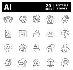 Fototapeta premium AI icon set. Artificial intelligence thin line icons collection. Artificial, intelligence, computing innovation related thin line icons