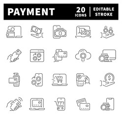 Online payment vector icons. Pay online icons collection. NFC, money, bitcoin, credit card, cash, online payment related thin line icon collection. Editable stroke