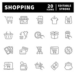 Shopping thin line icons collection. Online shopping, digital marketing, delivery, coupon, shop, discount, bank card, gifts, shop, shopping related icons