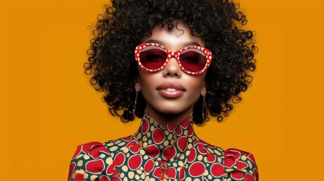 A stylish woman wearing red rhinestone sunglasses and a patterned top against an orange background