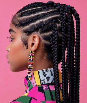 A woman with braided cornrow hairstyle in profile against a pink background