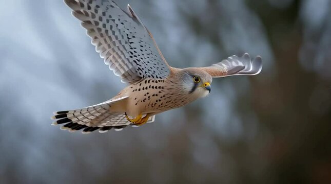 A kestrel falcon gliding in flight over a blurred forest background