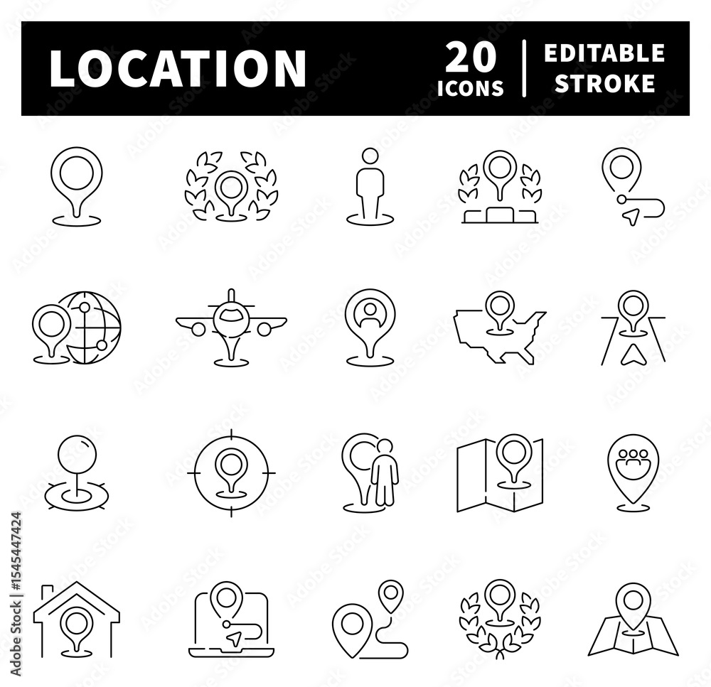 Poster location thin line icon collection. navigation, gps, location, pointer, map pointer, map marker, loc