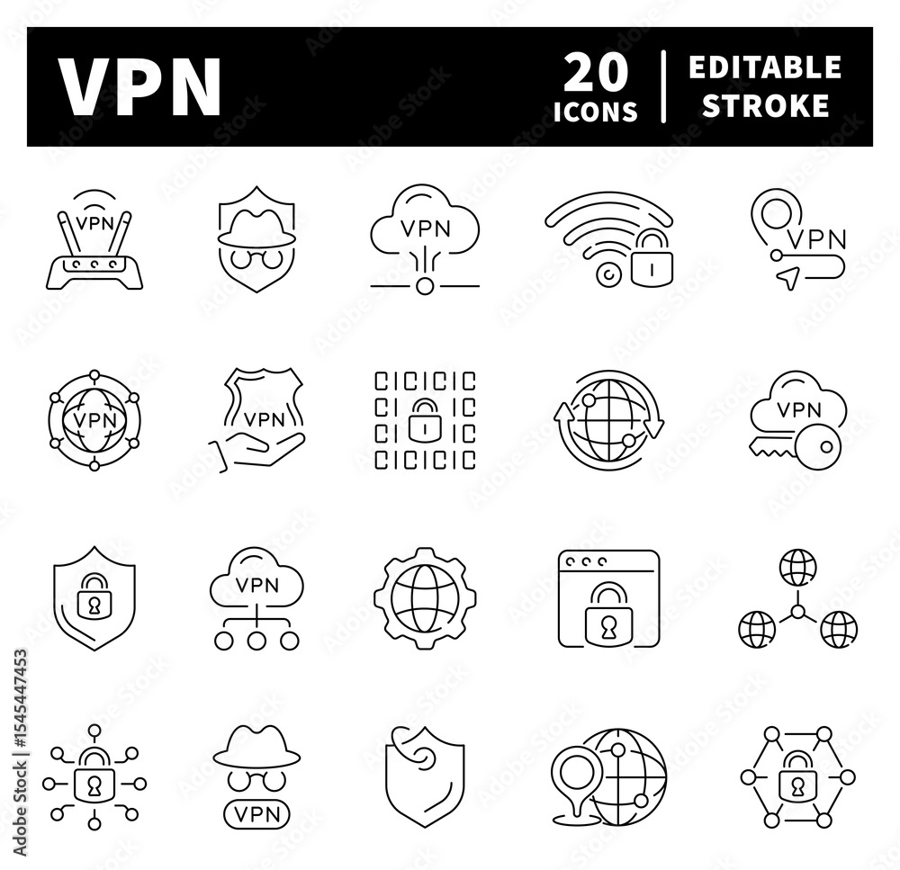 Poster virtual private network, vpn thin line vector icons. internet privacy related icons. secure connecti
