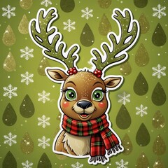 Fototapeta premium A 1970s retro cartoon reindeer sticker, green background, glitter effect on antlers, googly eyes, retro plaid scarf, perfect for vintage holiday and festive design projects.