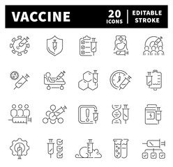 Thin line vector icons related to vaccination and medicine. Medical Syringe, Quality Certificate, healthcare, medication