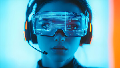 Futuristic female call center agent wearing glowing headset smart glasses. Woman uses virtual reality technology to work with data and customer service