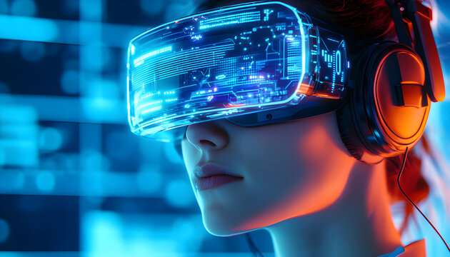 Futuristic female call center agent wearing glowing headset smart glasses. Woman uses virtual reality technology to work with data and customer service
