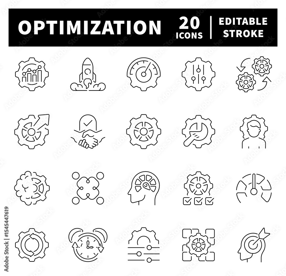 Poster set of thin line icons related to optimization. process, automation, productivity, performance, proc