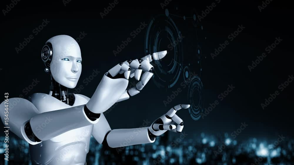 Poster futuristic robot artificial intelligence huminoid ai data analytic technology development and machin