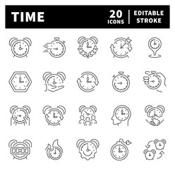 Set of thin line icons related to time. Timer, alarm, stopwatch, hourglass, time icons