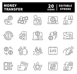 Set of thin line icons related to money transfer. Banking, credit card, money, transaction, payment, money transfer icons