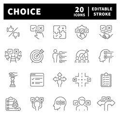 Set of thin line icons related to choice and solution. Decision, option, selection, dilemma, select, preference, quiz, selection icons