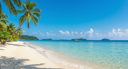 Fototapeta premium Tropical Beach Paradise Idyllic White Sand, Crystal Clear Water, and Lush Palm Trees