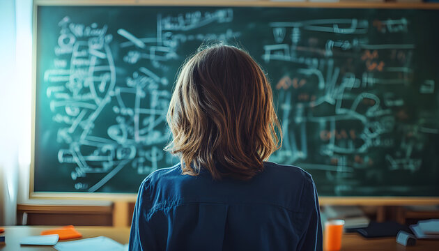 Student stands before blackboard filled with mathematical formulas. Boy studying science, physics or mathematic lessons in classroom