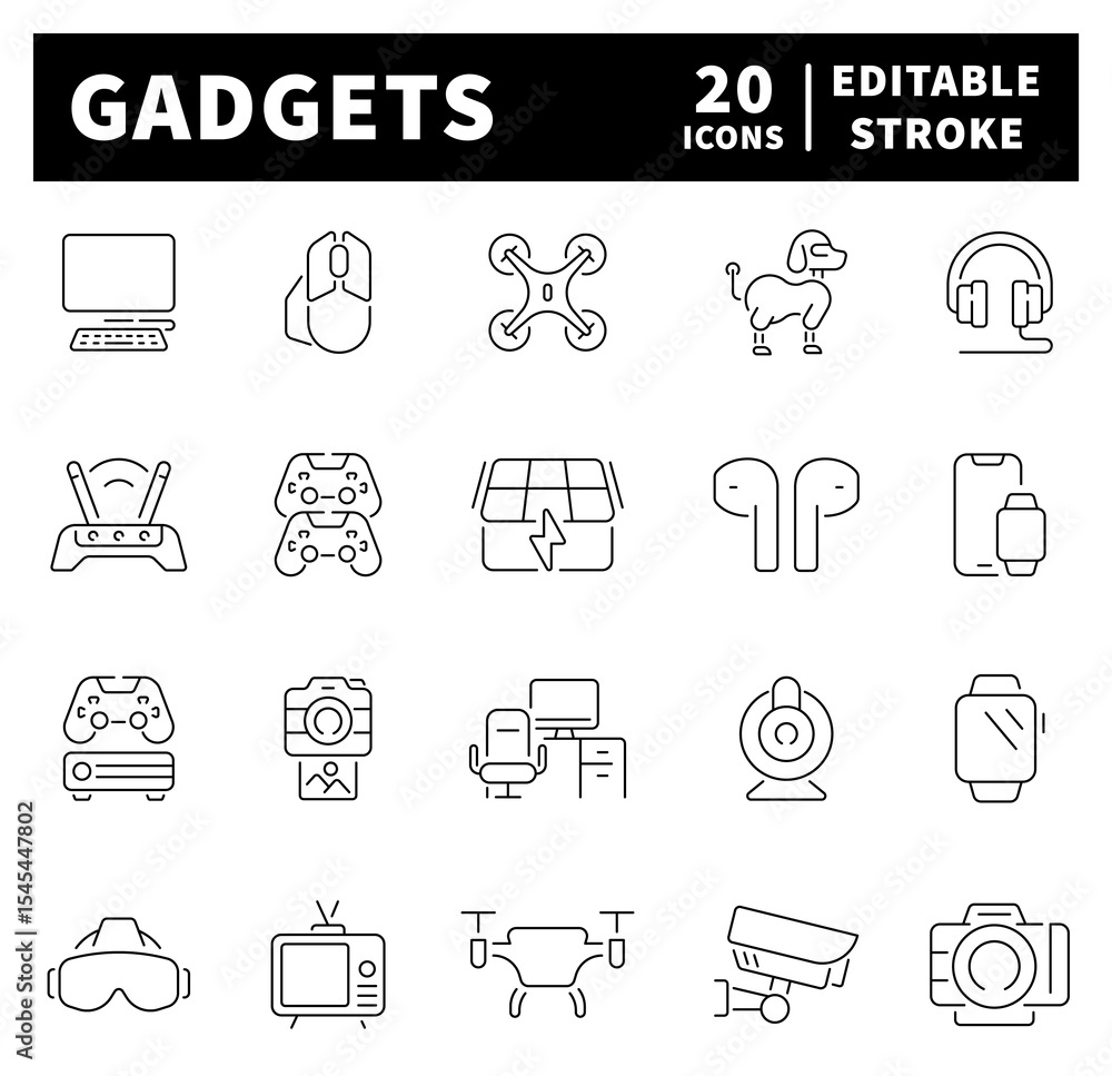 Poster gadgets linear vector icons. set of outline icons related to gadgets and devices.
