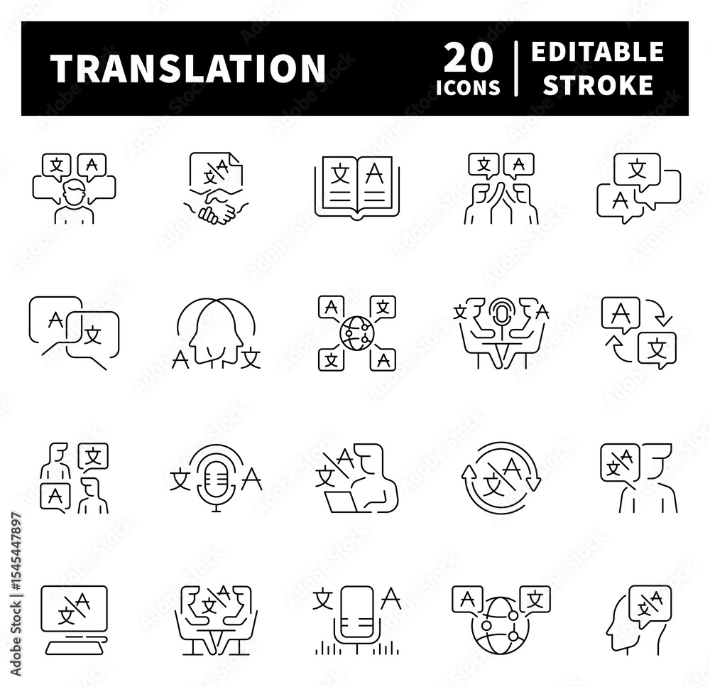 Poster collection of translation related outline icons thin line icons set related to translation and trans