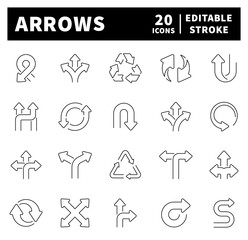Arrows linear vector icons. Set of outline icons related to arrows and cursors. Arrow, cursor, pointer symbols. Thin line editable stroke arrows