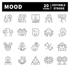 Fototapeta premium Thin line icons set related to mood and emotions. Mood thin line icons set. Emotion expression symbols