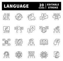 Thin line icons set related to language and foreign languages. Communication, translate, speaking, text, language skills, foreign languages