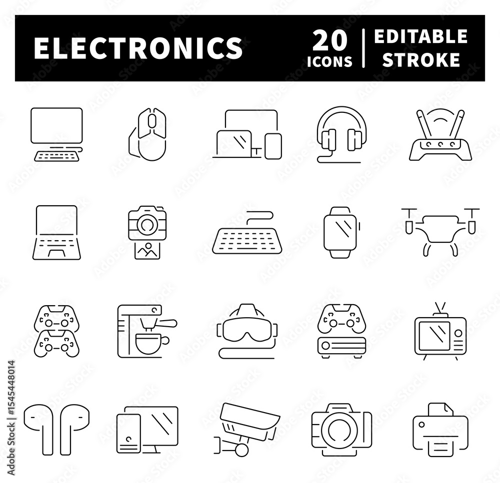 Poster electronic devices icons collection in line style. electronic devices icon set. thin line icons set 