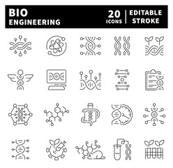 Bio engineering icon set. Thin line icons set related to bio engineering and DNA. 