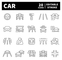 Car icons collection in line style. Thin line icons set related to car and vehicles