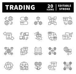 International trading vector icons in line style. Thin line icons related to exports and imports