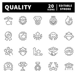 Quality vector icons in line style. Thin line icons related to quality and rating