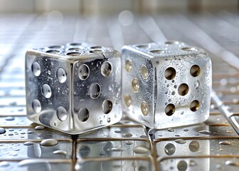 Two Dice with Water Droplets on a Reflective Surface Close Up