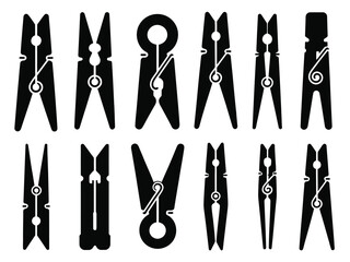 Black silhouettes of different clothespins on white background