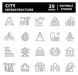 City infrastructure vector icons collection. Thin line icons related to infrastructure and city development. Infrastructure vector icons in line style