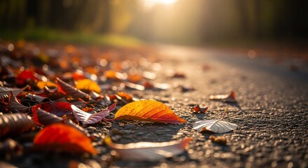 Autumnal Road: Sunlit Fallen Leaves on Asphalt in Warm Tones