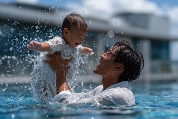 Fototapeta premium A heartwarming scene of a father joyfully lifting his giggling baby above the water in a pool, showcasing the affection, thrill, and irreplaceable bond during playful moments.
